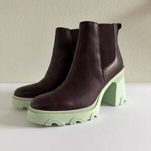 SOREL Brex Leather Platform Heel Chelsea Boots Cinder/Sea Sprite Waterproof 10